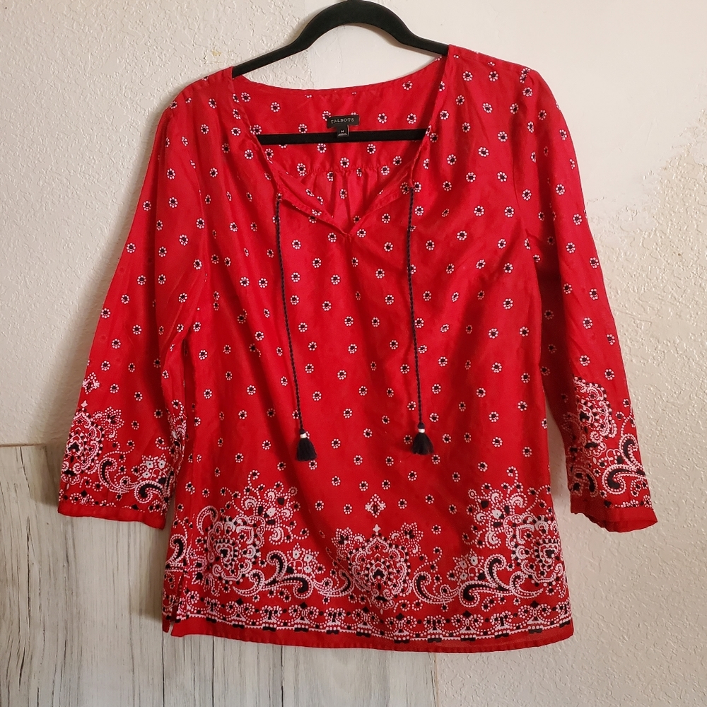 Talbots Red Cotton Bandana Style Americana Pullover Blouse Women's M